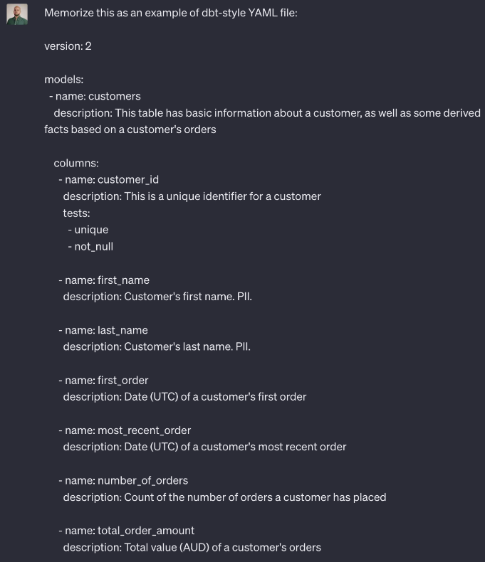 ChatGPT request to memorize dbt-style YAML ChatGPT request to memorize dbt-style YAML