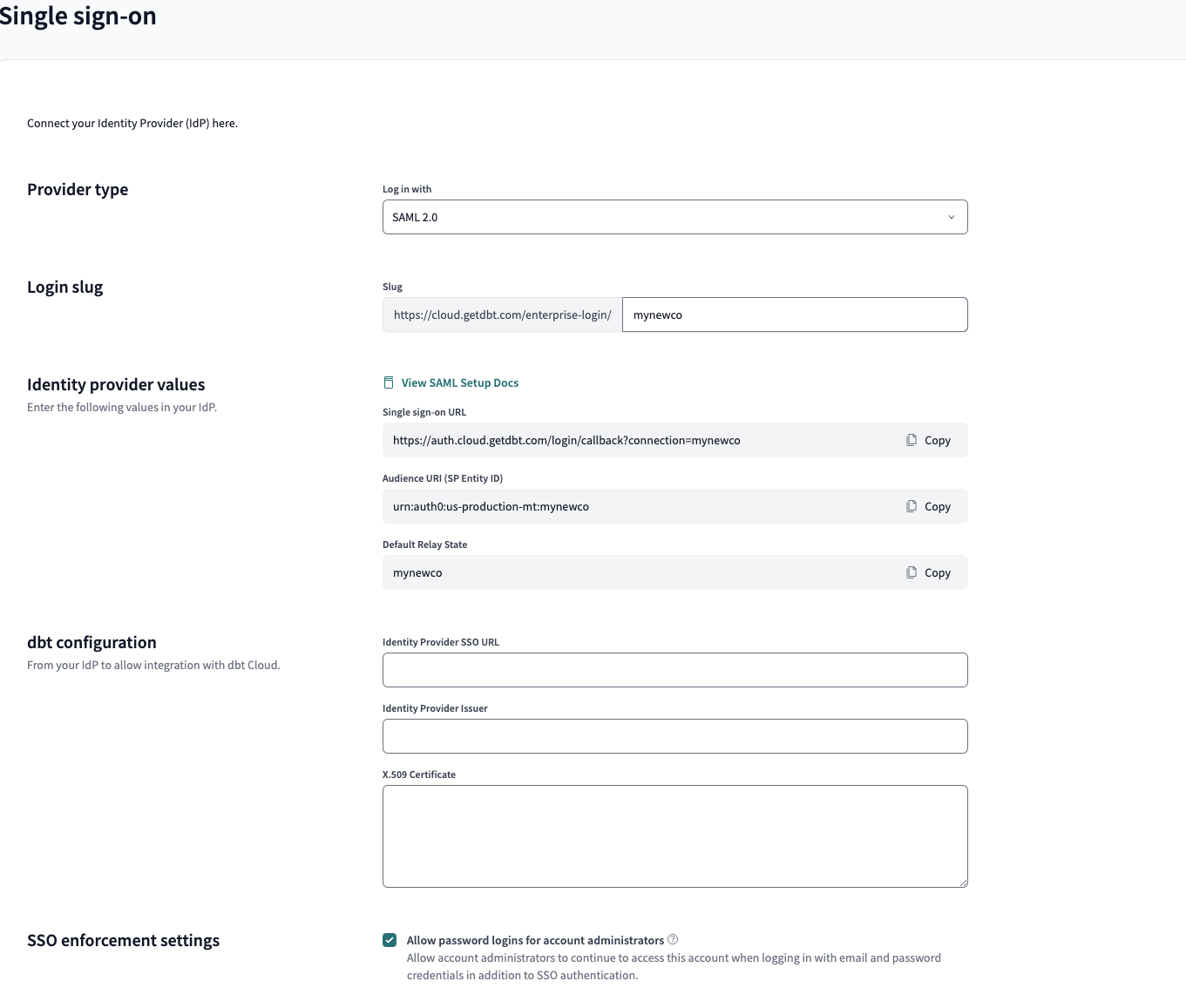dbt Cloud's SSO configuration page dbt Cloud's SSO configuration page