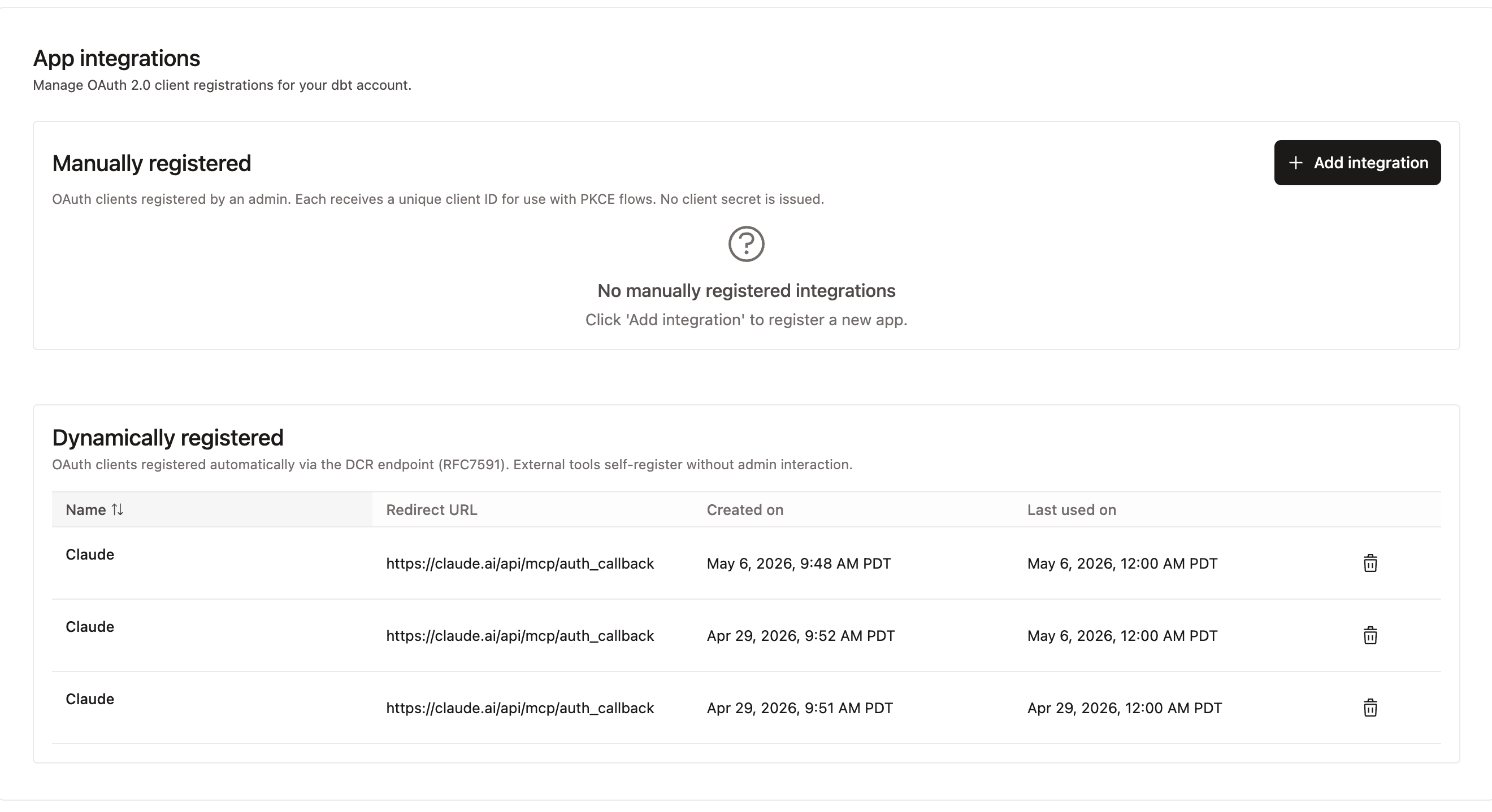 App integrations page showing manually and dynamically registered OAuth clients App integrations page showing manually and dynamically registered OAuth clients