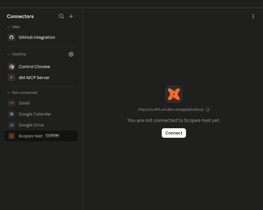 Adding a custom dbt connector in an AI tool's connector settings Adding a custom dbt connector in an AI tool's connector settings