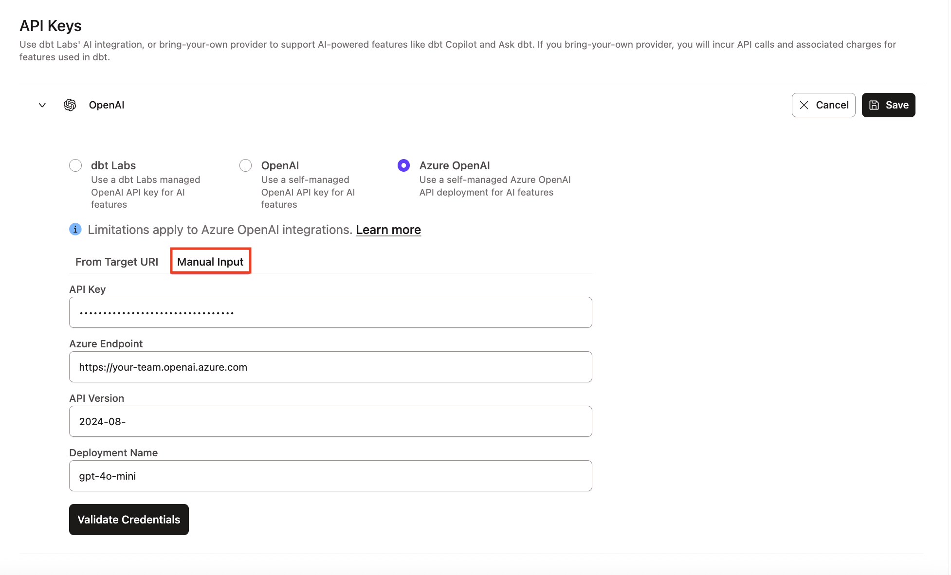 Example of the Azure AI Foundry integration section