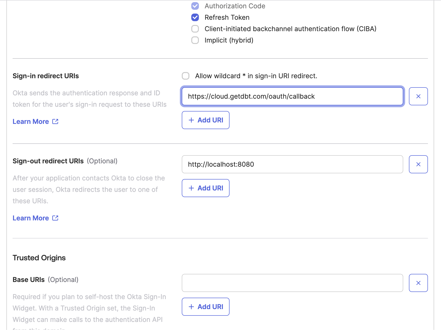 The Okta app configuration window with the sign-in redirect URI configured to the dbt value. The Okta app configuration window with the sign-in redirect URI configured to the dbt value.