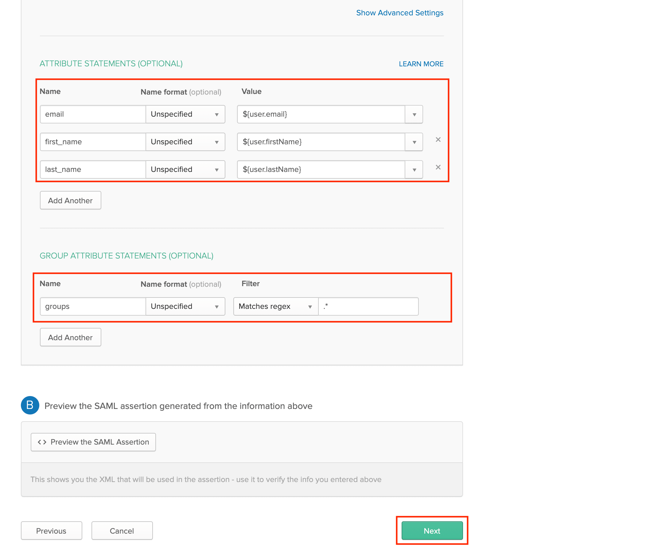 Configure the app's User and Group Attribute Statements