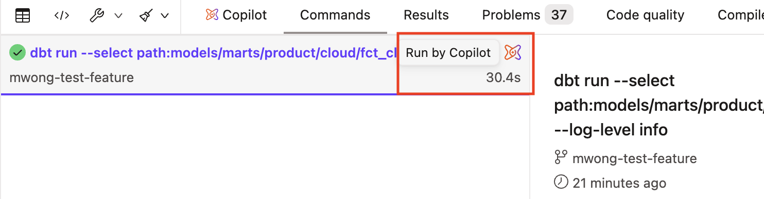 Commands run by dbt Wizard appear in the Studio IDE Commands tab with a dbt Wizard icon and 'Run by dbt Wizard' tooltip.