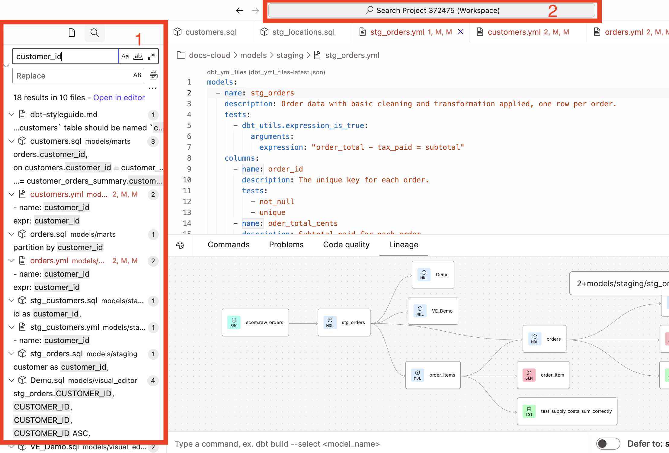 Use the search bar and command palette to quickly navigate your file tree and open tabs.