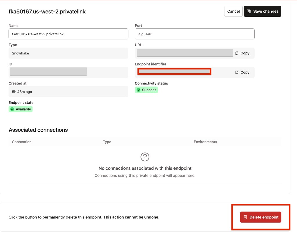 Private endpoint details page in edit mode with the Delete endpoint button