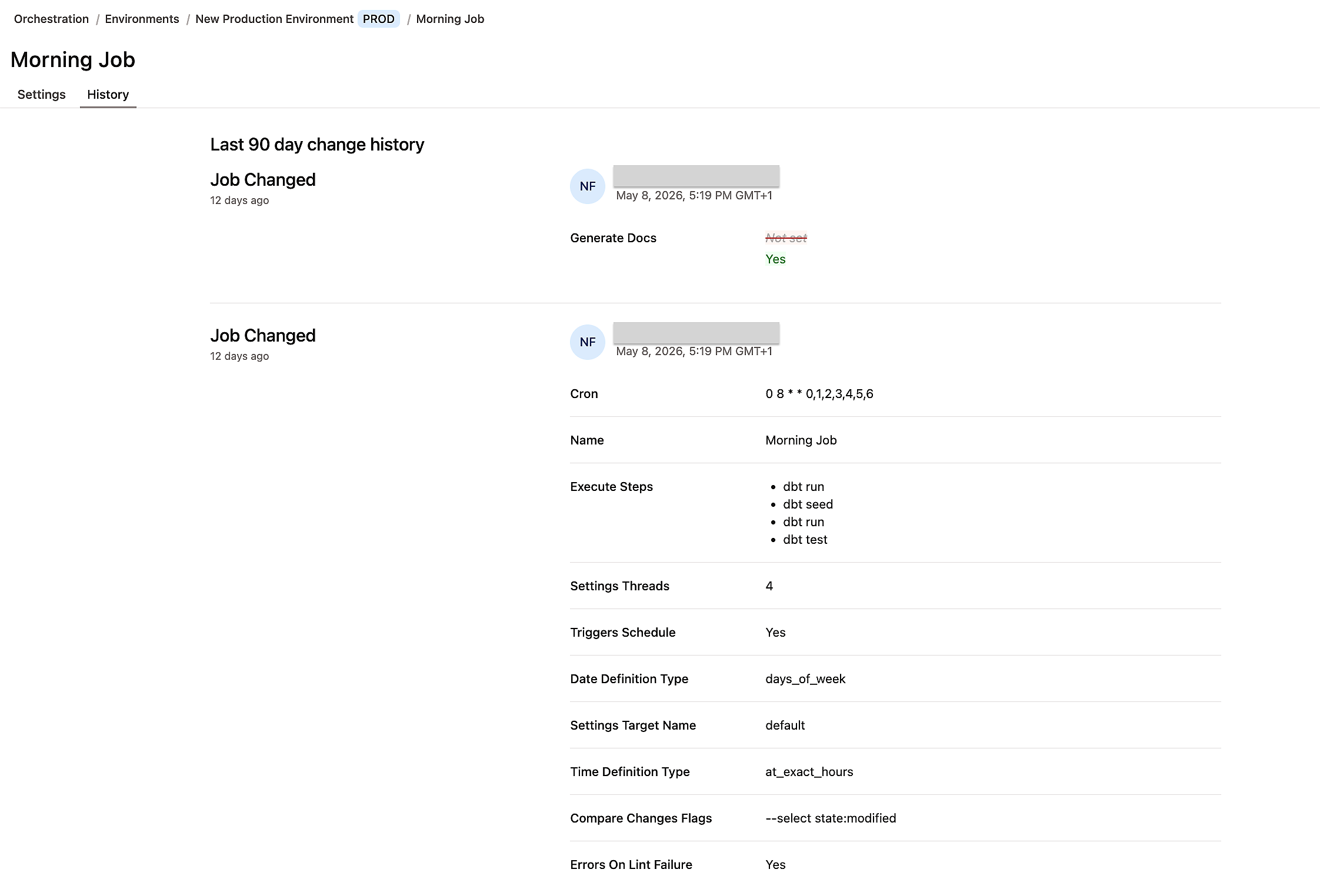 Example of the job settings history.