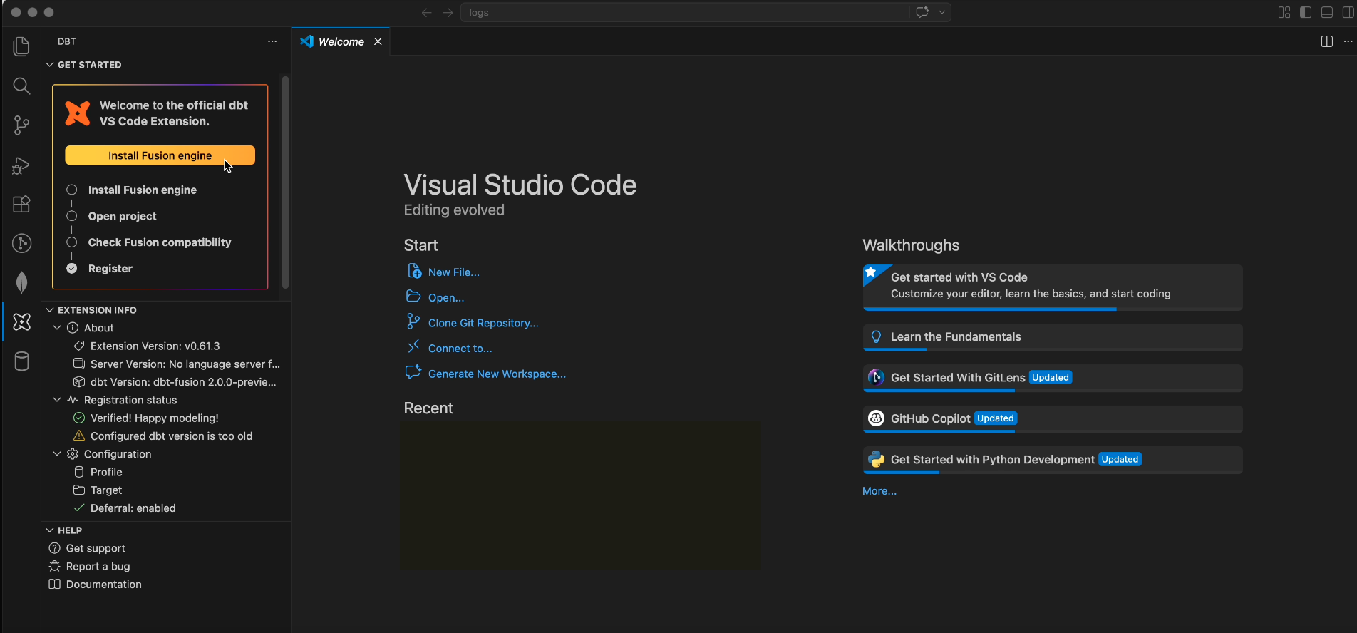 The Get started panel in VS Code showing the setup steps, with the active step highlighted.