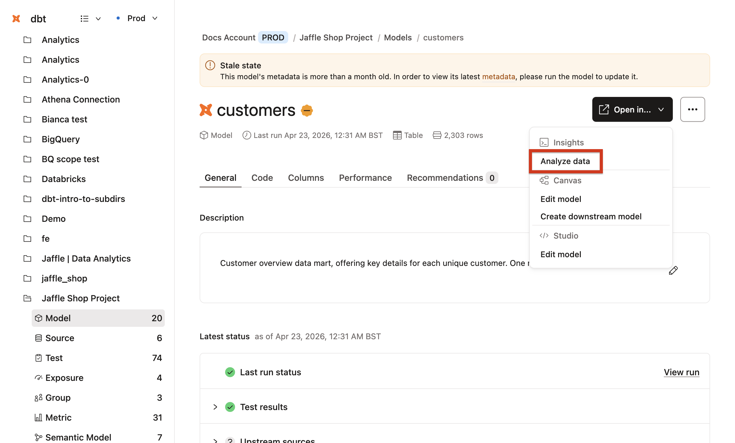 Select Analyze data from Catalog