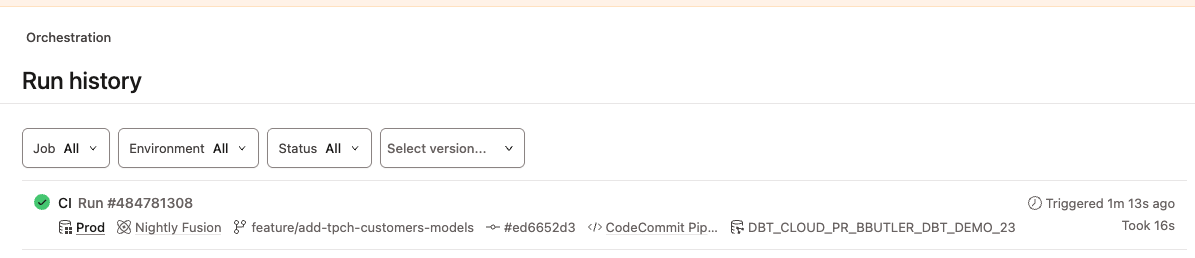 Check dbt run history for CodeCommit build triggered Check dbt run history for CodeCommit build triggered